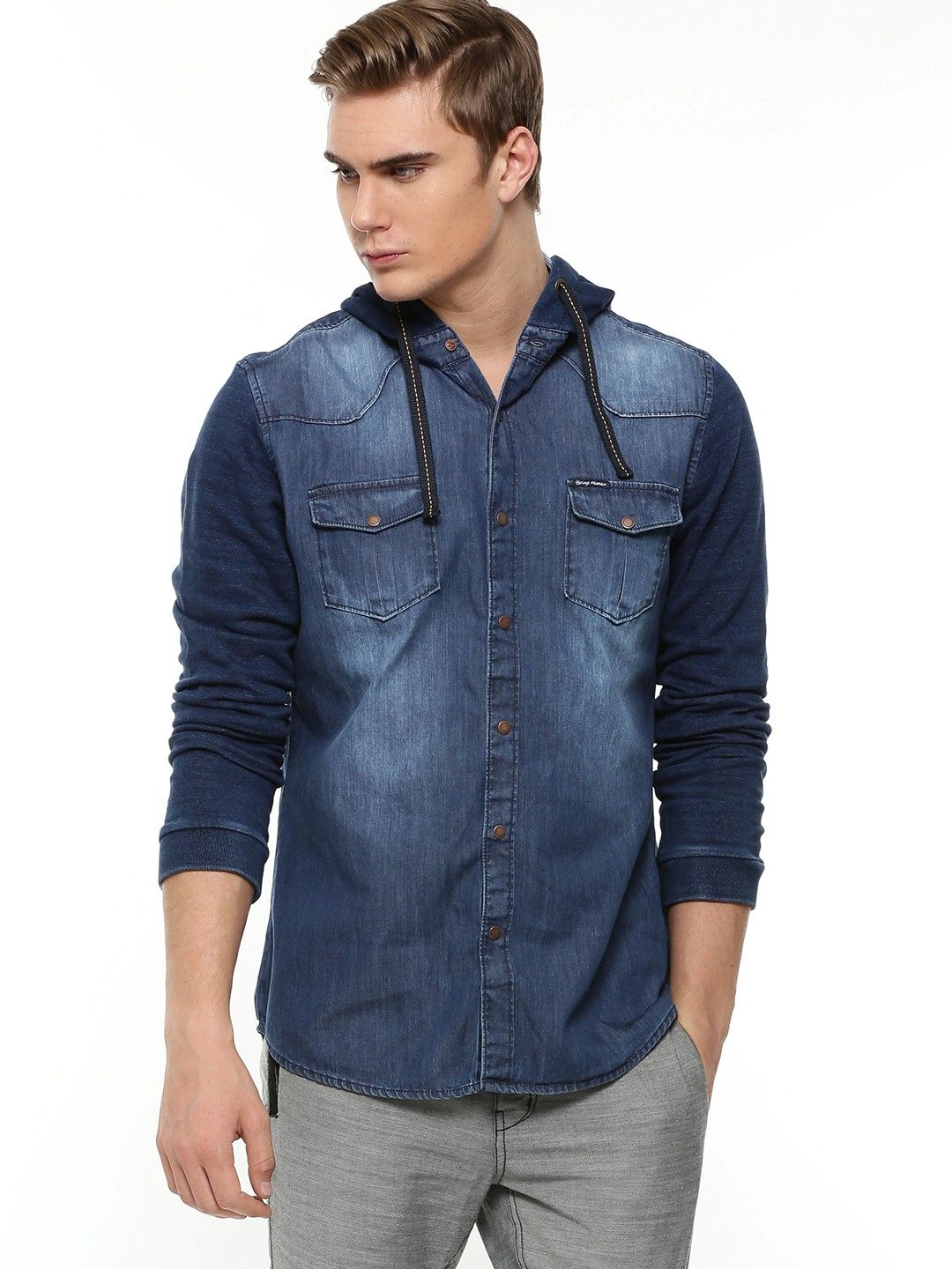 DNMSRT ID 003 – 100% Cotton Hooded Denim Shirt With Knit Sleeves ...